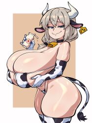 1girl animal_ears animal_print areola_slip armpit_crease bare_shoulders bell bikini black_bikini black_choker black_gloves black_thighhighs blue_eyes bottle breasts choker closed_mouth commentary cow_ears cow_horns cow_print cow_print_bikini cow_print_gloves cow_print_thighhighs cow_tail cowbell cowboy_shot double-parted_bangs ear_tag elbow_gloves english_commentary eyepatch_bikini fake_animal_ears fake_horns fake_tail from_side gigantic_breasts glass_bottle gloves grey_hair hair_between_eyes hair_over_shoulder hair_tie half-closed_eyes hand_up highleg highleg_bikini highres holding holding_bottle horns looking_at_viewer medium_hair milk milk_bottle multicolored_bikini neck_bell orange_background print_bikini print_gloves print_thighhighs skindentation smile solo spilling srbready swimsuit tail thick_thighs thighhighs thighs two-tone_background two-tone_bikini two-tone_gloves two-tone_thighhighs unusually_open_eyes uzaki-chan_wa_asobitai! uzaki_tsuki wavy_mouth white_background white_bikini white_gloves white_thighhighs