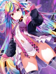 Rule 34 | 1girl, ahoge, aqua hair, bare shoulders, blonde hair, blue hair, blush, breasts, bright pupils, character name, checkered clothes, chess piece, clothing cutout, commentary request, diamond cutout, dress, eye trail, fang, gluteal fold, gradient hair, groin, hair between eyes, halo, highres, huge ahoge, joints, light trail, long hair, looking at viewer, luminaria pro, mechanical legs, multicolored hair, narushi sasu, navel, navel cutout, ochite miro, open mouth, orange eyes, outline, pink hair, purple hair, rainbow hair, robot joints, skin fang, small breasts, smile, sparkle, thighs, twintails, very long hair, virtual youtuber, w, white outline, white pupils, yellow eyes