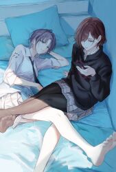 2girls absurdres ahoge asakura_toru bare_legs barefoot black_necktie black_pantyhose black_sweater blue_cardigan blue_eyes brown_hair cardigan cardigan_around_waist cellphone clothes_around_waist collared_shirt commentary_request crossed_ankles feet foot_out_of_frame grey_skirt highres higuchi_madoka holding holding_phone idolmaster idolmaster_shiny_colors knees_together_feet_apart legs lying lying_on_person mole mole_under_eye multiple_girls necktie no_shoes on_side open_mouth pantyhose parted_bangs phone pillow plaid_clothes plaid_skirt pleated_skirt purple_eyes purple_hair school_uniform shirt short_hair skirt smartphone soles sushizanmai_(sorahaaoi7) sweater three-quarter_sleeves toenails toes white_hair white_shirt yuri