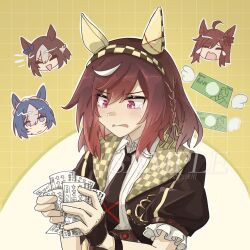 3girls animal_ears betting_ticket blue_hair blush breasts brown_hair buena_vista_(umamusume) buena_vista_(old_design)_(umamusume) cesario_(umamusume) crying gou_ren hair_ornament headband highres horse_ears horse_girl horse_tail medium_breasts medium_hair money multiple_girls sample_watermark simple_background special_week_(umamusume) tail tears umamusume watermark