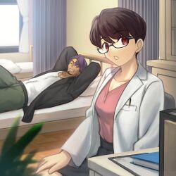 1boy 1girl bed bed_sheet belt belt_buckle black-framed_eyewear black_coat black_hair breasts buckle coat collared_shirt dark-skinned_male dark_skin dress duryodhana_(fate) facial_hair fate/grand_order fate_(series) glasses goatee goatee_stubble hair_between_eyes indoors long_sleeves looking_at_viewer mature_male medical_room on_bed open_clothes open_coat open_mouth original purple_eyes purple_hair red_eyes red_shirt shirt shoori_(migiha) short_hair sitting smile stubble white_coat white_shirt