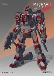 Rule 34 | code geass, commentary, commission, english commentary, extra eyes, gun, harryych, highres, holding, holding gun, holding weapon, knightmare frame, looking ahead, mecha, no humans, original, red eyes, robot, science fiction, sheath, sheathed, solo, standing, sword, weapon
