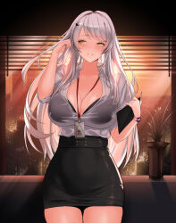 1girl black_bra black_skirt bra bra_visible_through_clothes breasts collared_shirt commission dusk eyelashes grey_hair hair_ornament highres holding indie_virtual_youtuber lanyard long_hair mad_kimo mole mole_under_eye office_lady onolumi_(vtuber) plant potted_plant see-through_clothes shadow shirt skirt solo underwear virtual_youtuber white_shirt window yellow_eyes