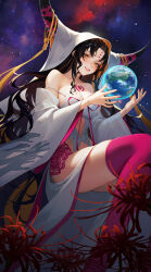 1girl absurdres bare_shoulders black_hair bloom blush breasts cleavage detached_sleeves disembodied_hand earth_(planet) facial_mark fate/grand_order fate_(series) flower forehead_mark ghost_hands highres holding_orb horns iamc95 lingerie long_hair long_sleeves looking_at_viewer medium_breasts parted_bangs planet sessyoin_kiara shade smile solo space spider_lily teeth underwear veil very_long_hair yellow_eyes