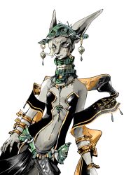 1girl absurdres aqua_eyes aqua_headwear asymmetrical_hair bare_shoulders body_fur bracelet breasts closed_mouth colored_eyelashes fingernails furry furry_female grey_fur hagoromo highres jewelry loincloth long_neck long_torso looking_to_the_side magatama mineru_(zelda) multiple_bracelets multiple_rings navel_piercing necklace nintendo one_eye_closed piercing ring sensen_(sens0illusion) sharp_fingernails shawl short_hair simple_background small_breasts snout solo strapless the_legend_of_zelda the_legend_of_zelda:_tears_of_the_kingdom third_eye white_background white_hair zonai