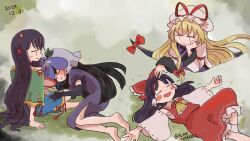 4girls barefoot black_hair blonde_hair blue_shorts blush cup dated detached_sleeves dress elbow_gloves gap_(touhou) gloves green_shirt hakurei_reimu hand_on_another&#039;s_head hat highres holding holding_another&#039;s_leg holding_cup horns long_hair long_sleeves mob_cap multiple_girls nippaku_zanmu purple_dress purple_tabard red_shirt red_skirt rome35793562 sakazuki shirt short_sleeves shorts skirt smile tabard touhou veil very_long_hair white_dress yakumo_yukari yomotsu_hisami