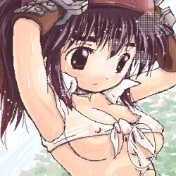 1girl 2000s_(style) areola_slip armpits arms_up badbullet blacksmith_(ragnarok_online) breasts brown_eyes brown_gloves brown_hair closed_mouth covered_erect_nipples crop_top expressionless gloves long_hair looking_afar lowres medium_breasts oekaki ragnarok_online shirt sleeveless sleeveless_shirt solo tied_shirt underboob upper_body wet wet_clothes wet_shirt white_shirt