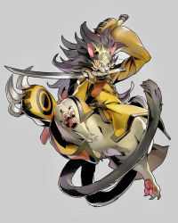 Rule 34 | 1boy, arc system works, black hair, blazblue, blazblue: central fiction, cat, claws, dual wielding, fangs, heterochromia, highres, holding, hood, jubei (blazblue), katana, long hair, looking at viewer, male focus, mouth hold, multiple tails, red eyes, solo, sword, tail, weapon, yellow eyes