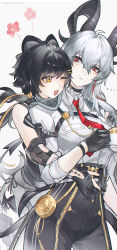 ... 2girls :d absurdres artist_name black_bow black_choker black_gloves black_horns black_pants bow breasts button_gap chest_harness chinese_commentary choker closed_mouth collared_shirt commentary_request cup curled_horns elbow_pads female_rover_(wuthering_waves) flower gloves grey_hair hair_between_eyes hair_bow harness high-waist_pants highres holding holding_cup horns hug hug_from_behind large_breasts long_hair low_ponytail multicolored_hair multiple_girls necktie one_eye_closed open_mouth pants partially_fingerless_gloves ponytail red_eyes red_necktie rover_(wuthering_waves) shirt shirt_tucked_in smile streaked_hair tacet_mark_(wuthering_waves) teacup tight_clothes tight_pants ting_zhi_yue white_shirt wuthering_waves yellow_eyes zani_(wuthering_waves)