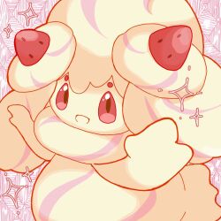 Rule 34 | 1girl, alcremie, alcremie (strawberry sweet), alcremie (vanilla cream), arms up, blonde hair, brown eyes, colored sclera, colored skin, female focus, food-themed hair ornament, gen 8 pokemon, hair ornament, happy, long hair, looking at viewer, monya, multicolored hair, nintendo, open mouth, pink hair, pokemon, pokemon (creature), red background, red sclera, sidelocks, smile, solo, sparkle, standing, strawberry hair ornament, streaked hair, two-tone hair, yellow skin