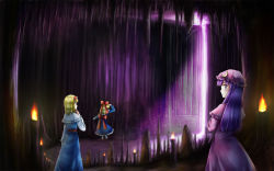 Rule 34 | 3girls, aihashi i, alice margatroid, bad id, bad pixiv id, blonde hair, capelet, cave, crescent, dress, gate, hat, hat ornament, makai (touhou), multiple girls, patchouli knowledge, purple hair, scenery, shanghai doll, stalactite, stalagmite, torch, touhou