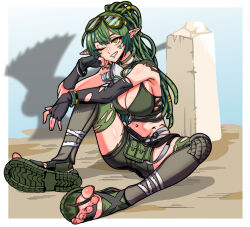 1girl absurdres arknights dreadlocks feet ga320aaa gavial_(arknights) green_hair grin highres long_hair looking_at_viewer one_eye_closed pointy_ears smile soles toes yellow_eyes