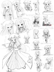 1girl aircraft airplane bespectacled book reference_sheet chibi drill female_focus formal_clothes glasses greyscale hat jet jitome long_hair mizuno_kurage monochrome no_headwear no_headwear pajamas patchouli_knowledge ribbon sketch sleepy suit touhou translation_request