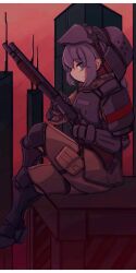 1girl ammunition_pouch beyond_citadel black_boots black_gloves body_armor boots brown_pants city cityscape colette_(the_citadel) crossed_legs doekuramori game_cg gloves grey_eyes grey_hair gun helmet highres medium_hair military_uniform non-web_source official_art pants pouch pump_action shotgun sitting solo the_citadel weapon