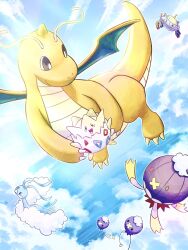 altaria antennae black_eyes brown_eyes carrying claws cloud dragonite drifblim drifloon flying game_freak gen_1_pokemon gen_2_pokemon gen_3_pokemon gen_4_pokemon highres horns magnezone nintendo no_humans pokemon pokemon_(creature) ponkotsu_tanupon red_eyes single_horn smile togepi wings
