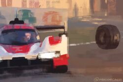 1boy alt_text artist_name atrocidadcasera car circuit_de_la_sarthe commentary english_commentary highres julien_andlauer le_mans_prototype motor_vehicle porsche porsche_963 race_vehicle racecar racetrack radio_antenna real_life spoiler_(automobile) vehicle_focus wheel world_endurance_championship
