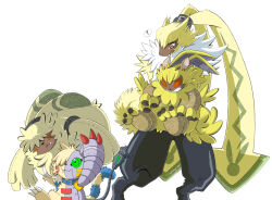 Rule 34 | ana (softkeychains), angoramon, belt, claws, cyborg, dark skin, digimon, digimon (creature), digimon ghost game, fang, green eyes, lamortmon, looking at another, maquinamon, pants, rabbit, simple background, smile, stuffed toy, symbareangoramon, tail, white background