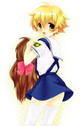 Rule 34 | 00s, 1boy, bad id, bad pixiv id, blonde hair, clannad, clannad after story, crossdressing, from behind, green eyes, kuro (tsumito), looking back, male focus, open mouth, school uniform, shima katsuki, short hair, solo, surprised, thighhighs, trap, unworn wig, white thighhighs, wig