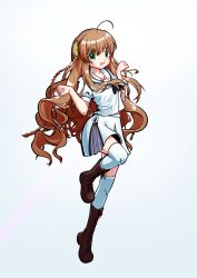 1girl :d absurdres ahoge alternate_costume ascot black_ascot boots braid brown_boots brown_hair chinese_commentary commentary company_connection eyes_visible_through_hair floating_hair flower full_body green_eyes hair_between_eyes hair_flower hair_ornament hands_up happy highres kanbe_kotori key_(company) lace-up_boots long_hair looking_at_viewer miniskirt open_mouth paw_pose pink_flower puffy_short_sleeves puffy_sleeves rewrite sailor_collar school_uniform serafuku shirt short_sleeves sidelocks simple_background skirt smile solo standing standing_on_one_leg summer_pockets summer_pockets_school_uniform tareme thighhighs twin_braids user_suxe5258 very_long_hair w_arms wavy_hair white_background white_sailor_collar white_serafuku white_shirt white_skirt white_thighhighs zettai_ryouiki