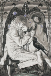 Rule 34 | 1boy, 7nite, absurdres, aotsuki eito, bird, black blood, black gloves, black halo, black shoes, blood, bloody tears, breast pocket, chain, chained, chinese commentary, crow, cuffs, drawstring, extra eyes, glasses, gloves, goat, grey hair, halo, hands on animal, hands up, highres, jacket, looking at viewer, male focus, pants, pocket, puddle, purple eyes, shackles, shoes, short hair, sitting, solid eyes, the hundred line -last defense academy-, too many hands, white eyes, white jacket, white pants, zipper