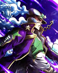 1boy 1other absurdres baseball_cap belt black_hair cd chain coat commentary commission english_commentary gold_trim hat high_collar highres hook jojo_no_kimyou_na_bouken kuujou_joutarou long_coat long_sleeves male_focus noonvincent purple_coat purple_hat shirt smoke sparkle stand_(jojo) star_(symbol) star_ornament star_platinum star_print stone_ocean white_shirt yellow_belt