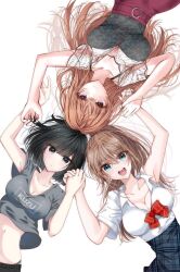 3girls black_hair blue_eyes blue_skirt bow bowtie breasts brown_hair character_request circle_formation cleavage closed_mouth collared_shirt commentary grey_shirt high-waist_skirt holding_hands kimi_ni_koisuru_sanshimai large_breasts long_hair looking_at_viewer medium_breasts midriff multiple_girls navel open_mouth orange_hair panty_straps plaid_bow plaid_bowtie plaid_clothes plaid_skirt red_bow red_bowtie red_skirt saku_(saku1450) shirt short_hair simple_background skirt smile symbol-only_commentary white_background white_shirt
