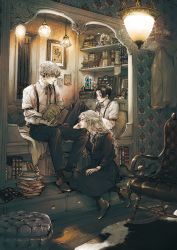 1girl 2boys black_dress black_hair black_pants book bookshelf boots bug butterfly carpet chair collared_shirt commentary_request cushion dress grey_hair highres indoors insect kobone_awaki lamp long_hair looking_at_another multiple_boys neck_ribbon original painting_(object) pants parted_lips pillow reading ribbon rocking_chair shirt short_hair sitting smile suspenders white_shirt window