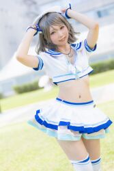 Rule 34 | 1girl, breasts, brown hair, cleavage, cosplay, cosplay photo, grey hair, love live!, love live! sunshine!!, midriff, outdoors, photo (medium), real life, short hair, skirt, solo, thighhighs, thighs, watanabe you