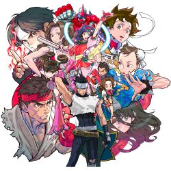 Rule 34 | 6+boys, 6+girls, :d, :o, absurdres, asamiya athena, black gloves, black hair, bracelet, bright pupils, brown eyes, brown hair, bun cover, capcom, chun-li, clenched hand, copyright notice, cropped legs, cropped shoulders, double bun, edward fokker, fatal fury, fingerless gloves, fire, frown, glasses, gloves, grey eyes, hair bun, hairband, headband, highres, holding, holding weapon, ichimonji batsu, jewelry, june lin milliam, justice gakuen, kagami kyousuke, kanzaki hayato (star gladiator), kasugano sakura, kusanagi kyou, long hair, looking at viewer, looking to the side, multiple boys, multiple girls, nakoruru, nishimura kinu, non-web source, official art, open mouth, purple hair, red gloves, red hairband, red headband, ryu (street fighter), samurai spirits, shiranui mai, short hair, simple background, smile, snk, spiked bracelet, spikes, star gladiator, street fighter, the king of fighters, wakaba hinata, weapon, white background, white headband, white pupils