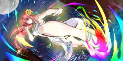 Rule 34 | 1girl, alternate costume, aura, bow, braid, breasts, china dress, chinese clothes, cleavage, cleavage cutout, clothing cutout, dress, fighting stance, floral print, full moon, game cg, gate, green bow, hair bow, hair ornament, highres, hong meiling, hong meiling (white rainbow gatekeeper), long hair, looking at viewer, minato hitori, moon, night, night sky, official art, outdoors, print dress, red hair, shoes, side slit, sky, sleeveless, sleeveless dress, solo, star (symbol), star hair ornament, third-party source, touhou, touhou lostword, twin braids, very long hair, white dress