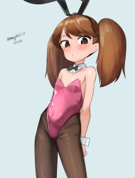 1girl absurdres alternate_costume animal_ear_hairband animal_ears black_bow black_bowtie black_pantyhose blue_background bow bowtie brown_eyes brown_hair detached_collar fake_animal_ears feet_out_of_frame flat_chest hairband highres kantai_collection leotard long_hair looking_at_viewer maru_(marg0613) one-hour_drawing_challenge oversized_breast_cup pantyhose pink_leotard playboy_bunny rabbit_ears ryuujou_(kancolle) simple_background solo strapless strapless_leotard twintails wrist_cuffs