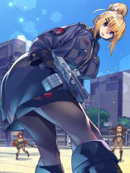 3girls :d ^_^ assault_rifle belt black_boots black_pantyhose blonde_hair blue_eyes blue_sky bodysuit boots breast_strap breasts brown_bodysuit brown_hair brown_leotard brown_pantyhose brownie_(last_origin) building chest_strap city clear_sky closed_eyes day drum_magazine gloves goggles goggles_on_head gun habetrot_(last_origin) hair_between_eyes hair_bun hair_ornament hairclip hat heavy_machine_gun highres hime_cut holding holding_gun holding_weapon impossible_clothes impossible_leotard jacket lamppost large_breasts last_origin leotard leprechaun_(last_origin) light_particles long_hair looking_at_viewer looking_back machine_gun magazine_(weapon) military_hat multiple_girls non-circular_lens_flare open_mouth outdoors oversized_jacket pantyhose red_eyes red_hair rifle short_hair sidelocks single_hair_bun skin_tight sky skyscraper smile sparkle standing standing_on_one_leg umigarasu_(kitsune1963) underbust utility_belt very_long_hair weapon