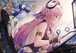 1girl absurdres aether_(genshin_impact) armlet backless_leotard bare_shoulders black_gloves black_leotard blue_eyes braid breasts calendar_(object) chair citlali_(genshin_impact) citlalin_(genshin_impact) closed_mouth commentary_request drawing_tablet facial_mark fingerless_gloves floating_headgear from_side genshin_impact gloves gradient_hair headgear highres holding holding_pen indoors itzpapa_(genshin_impact) jewelry leotard long_hair lumine_(genshin_impact) medium_breasts multicolored_hair pen pink_hair pink_pupils poster_(object) sitting solo thinking yuno_kaihara