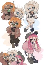 3girls ? ?? blue_eyes blue_tongue breasts choker collarbone colored_tongue fangs flying_sweatdrops green_eyes green_tongue heart highres inkling_girl inkling_player_character long_hair medium_breasts medium_hair multiple_girls navel nintendo octoling_girl octoling_player_character one_eye_closed orange_hair pink_eyes pink_hair pointy_ears short_hair splatoon_(series) teeth tentacle_hair tongue tongue_out white_hair yuritokemo