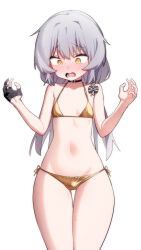 1boy absurdres bad_tag bikini fingerless_gloves gloves gold_bikini grey_hair highres ikr_(artist) long_hair swimsuit tongkkangi tongkkangi_(streamer) trap virtual_youtuber