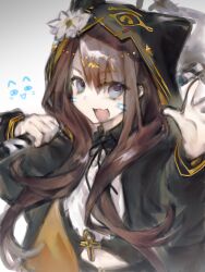 1girl :3 animal_ears ankh arknights baihuan black_jacket black_ribbon blue_eyes brown_hair cat_ears collared_shirt drawn_whiskers flat_chest gold_trim highres hood hooded_jacket jacket long_hair neck_ribbon open_mouth pepe_(arknights) ribbon shirt smile solo two-sided_fabric two-sided_jacket white_background white_shirt