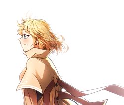 1girl blonde_hair blush brown_jacket commentary ddolbang floating_hair highres hololive hololive_english jacket shirt short_hair smile solo virtual_youtuber watson_amelia watson_amelia_(1st_costume) white_background white_shirt