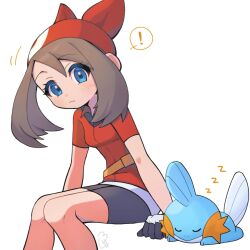 ! 1girl bandana bike_shorts black_shorts blue_eyes brown_hair creatures_(company) fanny_pack game_freak gen_3_pokemon gloves highres looking_at_another may_(pokemon) mudkip multicolored_gloves nintendo noi_(noi_pk27) pokemon pokemon_(creature) pokemon_rse red_bandana red_shirt shirt shorts signature simple_background sleeping white_background zzz