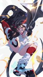 1girl absurdres asymmetrical_legwear bandaid_on_thigh black_jacket commentary_request dress from_below full_body gauze gauze_on_knee highres holding holding_weapon jacket kneehighs long_sleeves looking_at_viewer oni open_clothes open_jacket original red_eyes red_nails red_thighhighs shoes short_dress sleeveless sleeveless_dress smile socks solo teeth thighhighs uneven_legwear weapon white_dress white_socks yakousei_a