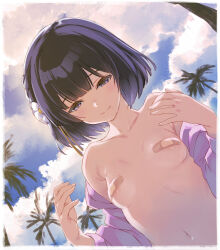 1girl bandaid bandaids_on_nipples black_hair breasts cloud cloudy_sky collarbone commentary dutch_angle flower gakuen_idolmaster hair_flower hair_ornament hataya_misuzu highres idolmaster kawata_hisashi navel open_clothes open_shirt outdoors palm_tree pasties purple_shirt shirt short_hair sky small_breasts solo symbol-only_commentary topless_female tree