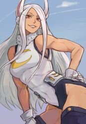 1girl animal_ears artist_name bent_over boku_no_hero_academia breasts clothing_cutout commentary_request dark-skinned_female dark_skin gloves heattech_leotard highleg highleg_leotard leotard long_eyelashes long_hair medium_breasts mirko rabbit_ears rabbit_girl rabbit_tail red_eyes russian_commentary signature smile solo tail tail_through_clothes toned toned_female turtleneck vasiliy-plumber very_long_hair white_gloves white_hair white_leotard