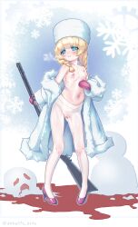 1girl absurdres black_souls black_souls_2 blonde_hair blood blood_on_ground blue_pupils blush bolt_action braid cameltoe cold debuffs_only flat_chest full_body fur-trimmed_jacket fur_trim gerda_(black_souls) glowing glowing_eyes gluteal_fold gorlatnaya gun high_heels highres holding holding_gun holding_weapon huge_filesize jacket loli looking_at_viewer medium_hair mittens mosin-nagant navel nipples no_panties nose_blush off_shoulder outline parted_lips pink_shoes pumps red_mittens ribs rifle see-through_clothes see-through_thighhighs shiny_skin shoes sleeves_past_wrists smile snowflake_background snowman solo standing star-shaped_pupils star_(symbol) stomach symbol-shaped_pupils thighhighs topless_female twin_braids twitter_username weapon white_eyes white_jacket white_thighhighs