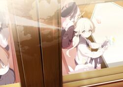 Rule 34 | 4girls, blonde hair, blue archive, cellphone, day, from outside, halo, hat, hifumi (blue archive), highres, holding, holding phone, indoors, koharu (blue archive), looking at viewer, looking to the side, missile, multiple girls, non-web source, official art, peroro (blue archive), phone, pink hair, pink halo, school uniform, sitting, smartphone, twintails, window, wings, yellow eyes, yellow halo