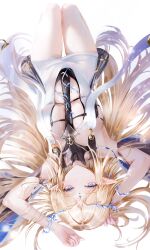 1girl absurdres age_fx arms_up bare_shoulders black_collar black_dress blonde_hair blue_eyes breasts cartethyia_(wuthering_waves) chinese_commentary collar commentary_request crown_of_thorns dress earrings from_above hair_spread_out highres jewelry knees_up long_hair looking_at_viewer lying medium_breasts necklace on_back parted_bangs parted_lips pointy_ears sidelocks solo tabard tacet_mark_(wuthering_waves) thighs very_long_hair white_tabard wuthering_waves