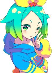 Rule 34 | 1girl, aqua hair, clothes writing, colored eyelashes, commentary request, copyright request, female focus, fingernails, forehead, from above, gradient hair, green eyes, hand up, hood, hood down, light green hair, long sleeves, looking at viewer, multicolored eyes, multicolored hair, n (m ohkamotoh), one eye closed, pocket, short eyebrows, short hair, solo, third-party source, upper body, w