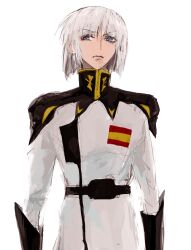 1boy blue_eyes gundam gundam_seed highres jacket long_sleeves looking_at_viewer male_focus military_jacket military_uniform she_(morianosu) short_hair simple_background solo upper_body white_background white_hair white_jacket yzak_joule zaft_uniform