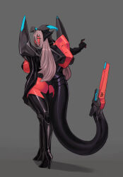 Rule 34 | 1girl, absurdres, arm at side, armor, ass, black thighhighs, body modification, breasts, closed eyes, colored skin, corruption, cyborg, expressionless, eyes visible through hair, from behind, grey background, grey hair, high heels, highres, horns, large breasts, mechanization, original, outstretched arm, platinum1945, pointing, red skin, robot, robot ears, shoulder armor, shoulder spikes, spikes, tail, tail raised, thighhighs