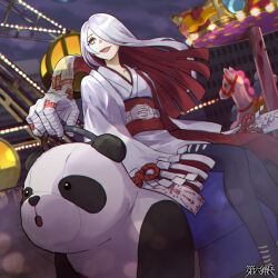 1girl :d akihara_minoru black_pantyhose carousel colored_inner_hair copyright_name dairoku_ryouhei hair_over_one_eye japanese_clothes kimono long_hair multicolored_hair open_mouth outdoors pantyhose red_hair shirataki_tete sidesaddle sitting smile solo white_hair white_kimono