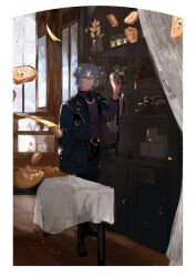1boy 22kolink belt bottle coat cup curtains food hair_between_eyes highres holding indoors jacket jar jewelry long_sleeves looking_at_viewer mahoutsukai_no_yakusoku male_focus nero_turner purple_eyes purple_hair shirt short_hair solo standing table window