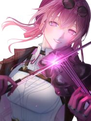 Rule 34 | 1girl, absurdres, black jacket, breasts, commentary request, earrings, eyewear on head, gloves, highres, holding, holding instrument, holding violin, honkai: star rail, honkai (series), instrument, jacket, jewelry, kafka (honkai: star rail), large breasts, medium hair, music, playing instrument, purple eyes, purple gloves, purple hair, round eyewear, shirt, simple background, smile, solo, upper body, violin, white background, white shirt, yukinoarale re